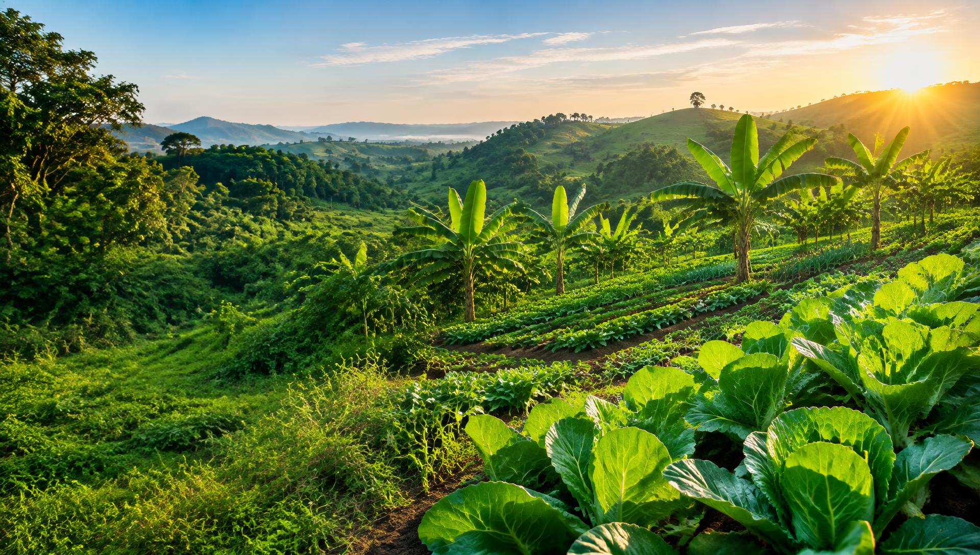 Illustrative tropical agricultural landscape with vegetable fields and banana plants